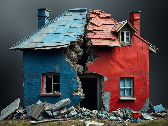 A small house is visibly split in half, with one side painted blue and the other red. The division is marked by a large crack running vertically through the structure, exposing rubble and the interior. The roof and walls on both sides show significant damage, with debris scattered around the base. The windows and chimneys on each side reflect the house's contrasting colors. The background is a neutral, dark gray, emphasizing the dramatic state of the divided house.