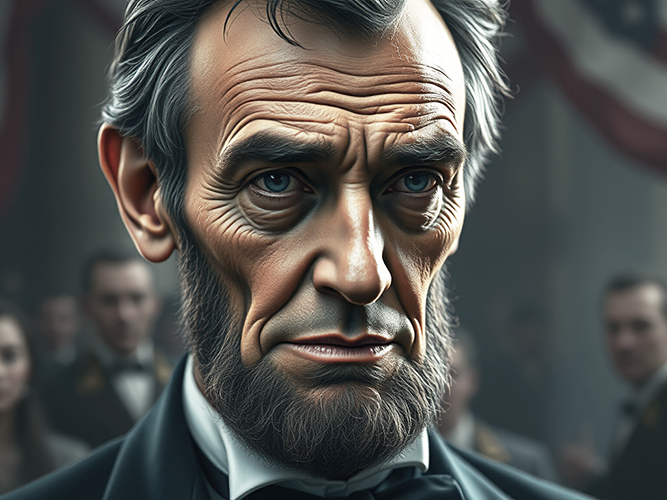 A highly detailed portrait of a solemn man with a prominent beard and deep-set, expressive eyes, wearing a black suit and bow tie. The background is blurred but suggests a formal setting with people in the distance and draped American flags. The image conveys a sense of gravitas and historical significance, with the man's features emphasizing age, wisdom, and introspection. Sad Abraham Lincon.