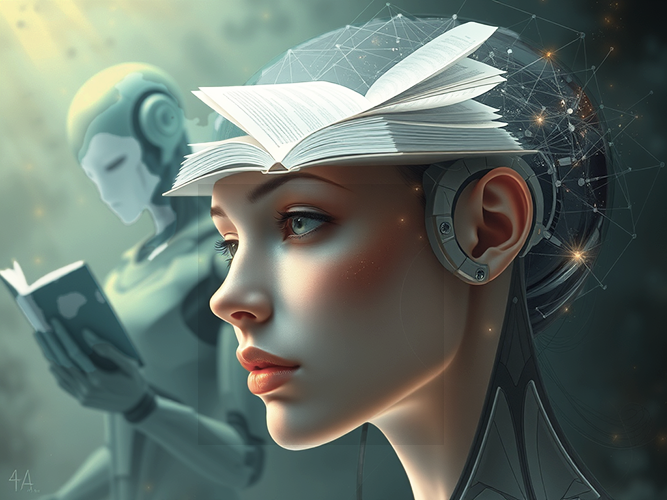 A futuristic digital artwork featuring a woman blending human and robotic features, her head encased in a transparent dome-like structure adorned with glowing neural network patterns. An open book hovers above her head, symbolizing knowledge or intellectual integration. Her expression is serene and focused, with soft lighting highlighting her detailed, lifelike face. In the blurred background, another humanoid robot is visible, holding and reading a book, adding depth to the scene. The atmosphere is ethereal, with a greenish glow and subtle sparkles, emphasizing the fusion of technology and intellect.