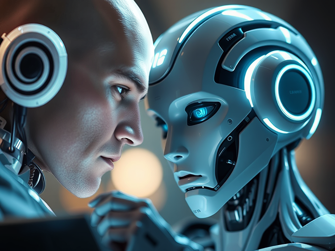 A highly detailed futuristic scene featuring a human man and a humanoid robot in an intimate, face-to-face interaction. The man on the left is bald with fair skin and is wearing advanced headphones or a communication device. His expression is serious and contemplative as he gazes at the robot. The robot on the right has a sleek, white, and metallic face with glowing blue eyes and illuminated accents. Its design combines smooth surfaces and visible mechanical elements, emphasizing its advanced, lifelike features. The background is softly blurred, with warm light adding depth and contrast to the cool blue and metallic tones.