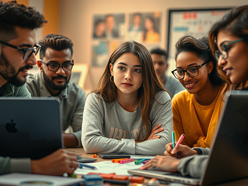 A group of five young adults sits around a table in a casual, collaborative setting, engaged in a creative discussion. Laptops, notebooks, and colorful markers on the table surround them. The woman in the center, wearing a light-colored sweatshirt, has a thoughtful expression with her arms crossed. In contrast, the others, dressed casually, are actively involved in the conversation, with two holding markers as they gesture. The background is softly blurred, showing wall decorations and a warm, inviting atmosphere, suggesting a relaxed workspace or study environment.