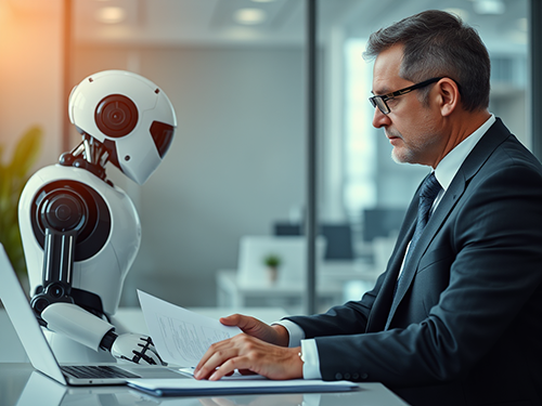 A middle-aged man in a business suit sits at a desk in an office, holding a document and looking at a humanoid robot. The robot, positioned on the opposite side of the desk, has a smooth white exterior, a round head with a single large circular sensor, and black accents. The man appears focused and severe, while the robot is turned slightly towards him as if engaged in the interaction. A laptop is open on the desk between them. The office background is bright, with glass walls and modern decor.