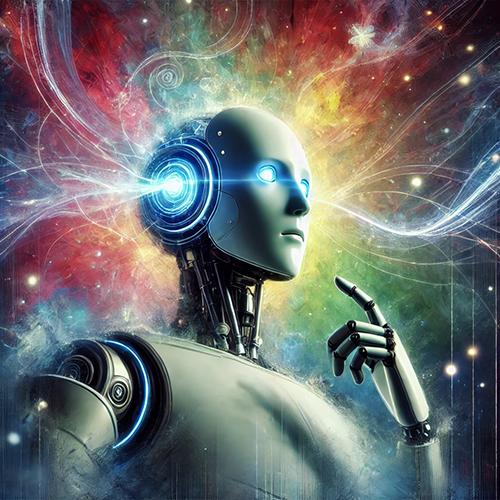 A striking illustration of a humanoid robot deep in thought, with one hand raised to its chin in a contemplative pose. The robot has a sleek, metallic body with glowing blue accents, illuminated eyes, and a circular component on its head that emits vibrant energy waves. The background is a vivid, cosmic blend of swirling colors—red, blue, green, and yellow—resembling a nebula or abstract representation of thought and creativity. The robot appears to be pondering amidst the dynamic and ethereal display, symbolizing the fusion of artificial intelligence and imagination.