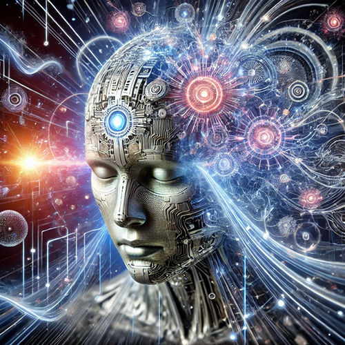 A futuristic illustration depicting a humanoid robotic face with intricate metallic features, illuminated by glowing circuits and gears embedded in its design. The head is surrounded by swirling, abstract light and energy streams interspersed with bright, mechanical elements resembling gears, cogs, and electronic components. A central glowing light on the forehead resembles a technological "third eye," symbolizing advanced intelligence. The background is dark, with streaks of light and a warm glow on the left side, adding depth and a sense of motion.