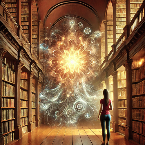 A surreal scene of a grand library with towering shelves filled with books, bathed in warm light. At the center of the image, a glowing, ethereal, floral-like burst of energy radiates intricate swirls of light and patterns, resembling both organic and cosmic forms. A person stands in the foreground, facing the radiant display, wearing a red shirt and jeans, adding a sense of scale and wonder. The wooden floor and arched ceiling emphasize the library's grandeur, while the luminous phenomenon contrasts with the earthly, structured setting, creating a magical, otherworldly atmosphere.