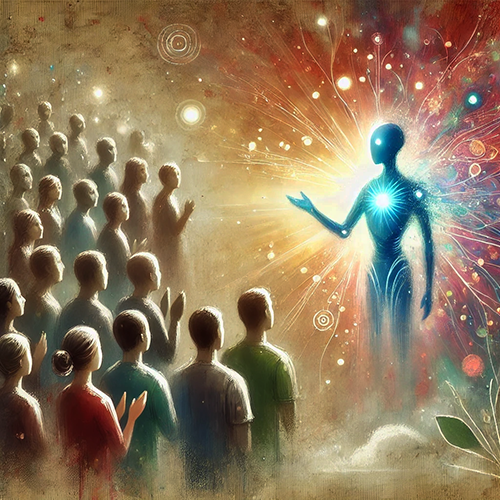 An abstract and ethereal artwork depicting a glowing humanoid figure radiating light and energy, standing to the right of the image. The figure's chest emanates a bright, concentrated glow, with colorful energy trails and orbs extending outward, blending into a cosmic, fiery background. On the left, a crowd of silhouetted people faces the figure, some clapping, and others standing attentively. The scene has a mystical and inspirational tone, with a soft, dreamlike texture and faint hints of natural elements like a leaf in the foreground. The atmosphere suggests enlightenment, transformation, or a profound moment of connection.