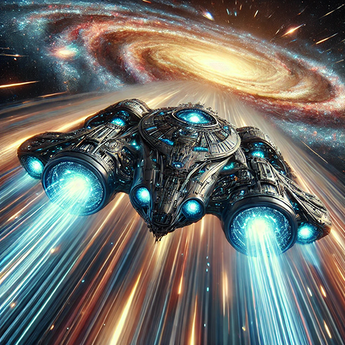 A highly detailed, futuristic spaceship traveling at high speed through space. The ship has a sleek, metallic design with intricate patterns and glowing blue energy cores. Powerful beams of light trail from its engines, emphasizing its rapid motion. In the background, a spiral galaxy with vibrant golden and blue hues dominates the scene, surrounded by scattered stars and cosmic dust. The perspective and dynamic lighting create an intense, action-packed atmosphere.