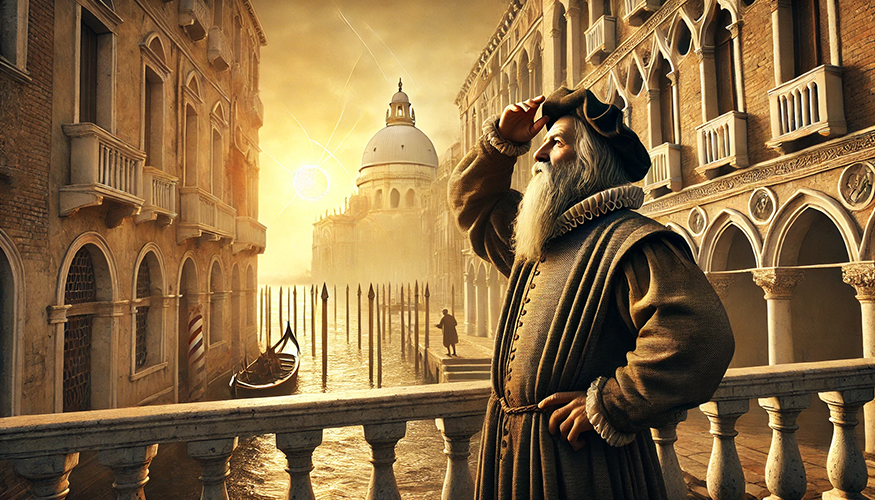 A historical-themed scene set in Venice during a golden sunset. A bearded man in Renaissance-era attire, including a long brown robe with intricate details and a wide-brimmed hat, stands on a stone balcony overlooking a canal. He gazes upward while tipping his hat, exuding a contemplative or adventurous demeanor. The background features ornate Venetian buildings with arched windows, a gondola docked by the canal, and wooden poles protruding from the water. In the distance, the Basilica di Santa Maria della Salute's dome is illuminated by the setting sun's warm glow, creating a serene and nostalgic atmosphere.