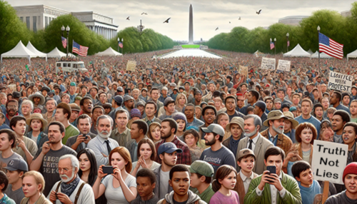 A large, peaceful protest in a public space, with a diverse crowd of people filling the foreground and extending into the distance. Many individuals hold signs, including one prominently displaying "Truth Not Lies." People appear engaged, with some taking photos or recording the event on their phones. In the background, iconic landmarks such as the Washington Monument and other structures are visible, surrounded by trees and reflecting pools. American flags and white tents are scattered throughout the scene, emphasizing the gathering's setting in Washington, D.C. Birds are flying overhead, adding to the atmosphere of unity and purpose.