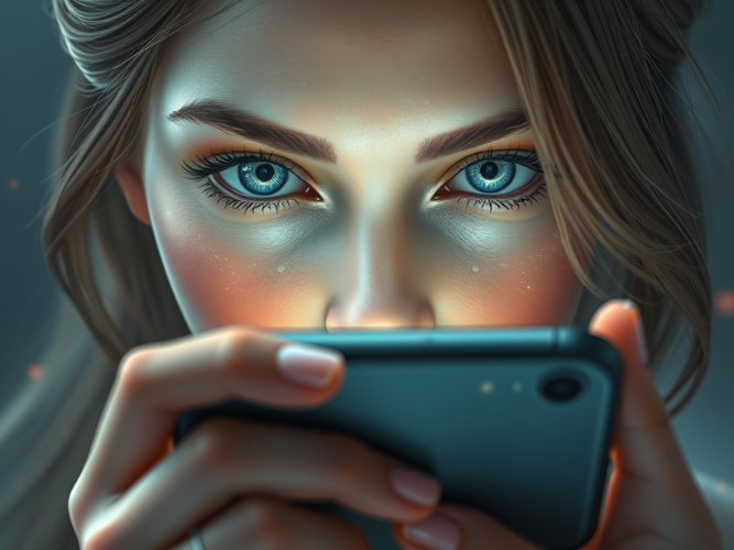 A close-up, intense portrait of a woman with striking blue eyes illuminated by the glow of a smartphone she is holding near her face. The lighting emphasizes her sharp gaze and facial features, casting soft highlights and shadows across her skin. Her expression is focused and slightly reflective, suggesting deep engagement with the phone's content. The background is softly blurred with subtle hints of cool tones, creating a sense of intimacy and concentration.