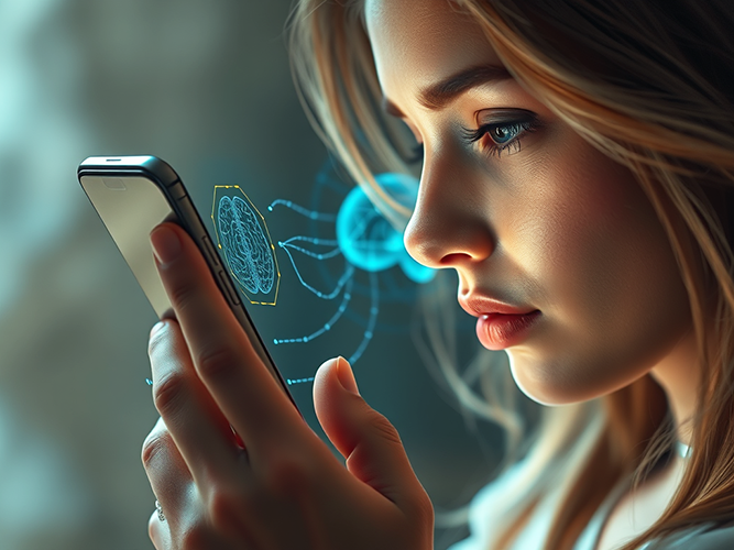 A close-up image of a woman using facial recognition technology on her smartphone. She holds the phone in one hand, intently looking at the screen as glowing holographic elements, including a digital face scan and neural-like patterns, project from the device. The woman's expression is focused, with soft lighting highlighting her facial features. The background is softly blurred, drawing attention to the interaction between her and the advanced technology, emphasizing themes of biometric security and modern innovation.