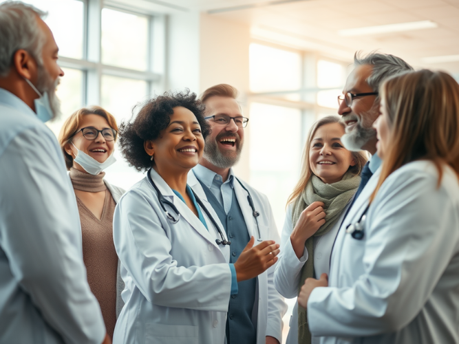 A cheerful group of medical professionals and colleagues gathered in a bright, modern healthcare setting. The group, consisting of men and women of diverse ages and ethnicities, is engaged in lively conversation, smiling and laughing. Several individuals wear white lab coats with stethoscopes around their necks, while others dress in business casual attire or light scarves. The background features large windows with soft natural light, emphasizing a positive collaborative atmosphere. The scene conveys camaraderie, teamwork, and professionalism.