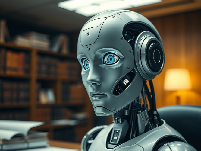 A close-up of a humanoid robot with a sleek metallic design sitting in a warmly lit office or library setting. The robot's face features expressive, human-like blue eyes with intricate mechanical details, giving it a lifelike yet futuristic appearance. Its head includes visible components such as circuits and gears, with a large circular device resembling an advanced auditory or processing unit on the side. The background shows blurred shelves filled with books and a softly glowing table lamp, creating a contrast between the robot's modern technology and the traditional, intellectual ambiance of the room.