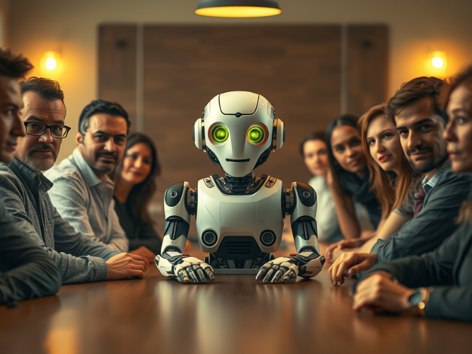 A futuristic scene depicting a humanoid robot seated at the center of a long conference table, surrounded by a diverse group of people engaged in a meeting. The robot has a sleek white body with glowing green eyes and a friendly expression, with its hands placed on the table. The human attendees, both men and women, are dressed in business-casual attire, looking at the robot with a mix of curiosity, attentiveness, and skepticism. The room is warmly lit with soft yellow lights, and a blurred wooden wall in the background adds to the professional setting.
