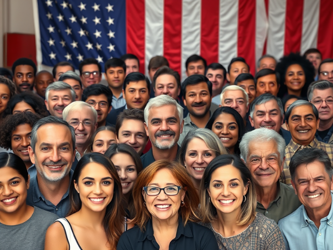 A vibrant group portrait of a diverse crowd of people of various ages, ethnicities, and genders smiling warmly at the camera. The group is gathered in front of a large American flag, which serves as a prominent backdrop, symbolizing unity and patriotism. The individuals in the foreground are brightly lit, showcasing a sense of community and togetherness. The mix of expressions and attire adds to the dynamic and inclusive atmosphere of the image.