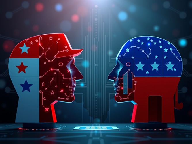 A digital illustration symbolizing political division in the United States. Two stylized human head profiles face each other, one red and the other blue, representing opposing ideologies. The red head features stars and a silhouette of a baseball cap, with circuit-like patterns suggesting technology or connectivity. The blue head is adorned with stars and a striped motif, also incorporating circuit-like designs. The background is dark, illuminated by glowing dots and lines that resemble a digital interface, emphasizing a high-tech, futuristic atmosphere. A faint light shines from the center, adding tension to the scene.