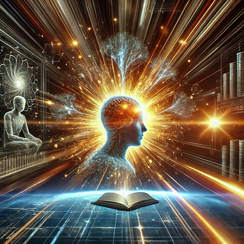 A vibrant and symbolic illustration depicting the fusion of knowledge, learning, and enlightenment. At the center is the glowing silhouette of a human head with a detailed brain, radiating golden light and surrounded by dynamic energy bursts. Above the head, a tree-like structure symbolizes growth and wisdom. An open book lies at the bottom, emanating blue light and connecting to a futuristic, grid-like surface. Surrounding the scene are holographic elements, including a meditating figure, geometric patterns, and bookshelves, blending themes of science, spirituality, and education. The composition creates a sense of intellectual and cosmic expansion.