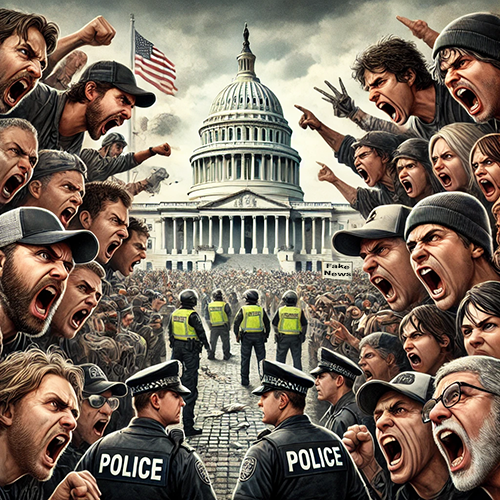 A tense and dramatic scene depicting a large protest in front of the U.S. Capitol building. The crowd is divided into two opposing sides, with angry demonstrators shouting and gesturing aggressively on both flanks. Many wear caps and casual clothing, with some holding signs, including one that reads "Fake News." In the middle of the scene, a line of police officers in uniform forms a barrier, facing the crowd and standing with their backs to the viewer. Behind the officers, additional security personnel are visible. With its iconic dome and the American flag flying overhead, the U.S. Capitol looms under a cloudy sky, emphasizing the charged and chaotic atmosphere.