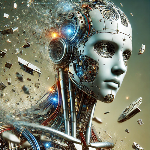 A striking image of a humanoid robot with a partially fragmented appearance, revealing intricate inner mechanisms, circuits, and wires beneath its metallic exterior. The robot's face is human-like yet mechanical, with glowing blue lights and detailed components in its design. Surrounding the figure are floating fragments of metal and electronic parts as if the robot is disassembling or emerging from an explosion. The background is a soft gradient, emphasizing the dynamic and futuristic feel of the scene, symbolizing themes of technology, deconstruction, and transformation.