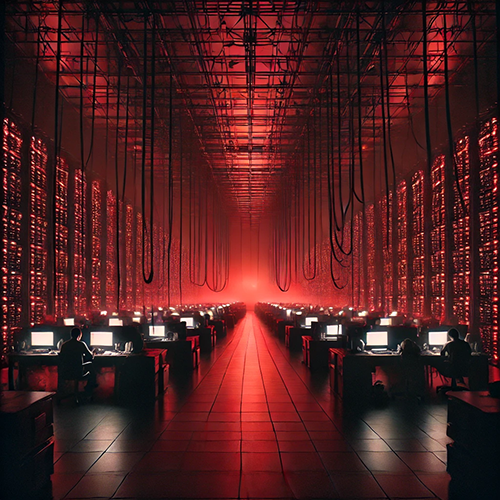 A dramatic and eerie depiction of a vast data center bathed in red light. Rows of towering server racks stretch into the distance, their glowing red panels casting an ominous glow. Alongside the servers, individuals sit at desks, each working on computer monitors that emit a stark white light, contrasting sharply with the surrounding crimson ambiance. Thick cables hang from the ceiling, adding to the industrial and futuristic atmosphere. The long, central aisle leads to a bright, mysterious light at the far end, enhancing the sense of scale and intensity.