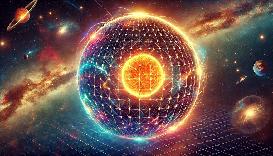 A stunning cosmic visualization of a Dyson Sphere-like structure encompassing a glowing star. The star at the center radiates intense orange and yellow light, while the sphere surrounding it is composed of a complex lattice of interconnected lines, emitting colorful energy and light. Surrounding the structure is a vibrant space scene featuring planets with visible rings, nebulae, distant galaxies, and swirling cosmic dust. The foreground includes a grid-like surface extending into space, blending futuristic and astronomical elements. The image conveys themes of advanced space engineering, energy harnessing, and the grandeur of the universe.