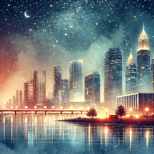 A stunning nighttime cityscape featuring a skyline of modern skyscrapers illuminated with warm, glowing lights. The buildings reflect beautifully on the calm water below, bordered by a bridge lined with streetlights. In the foreground, two small, silhouetted trees are visible on a patch of land. The sky above is filled with twinkling stars, a faint crescent moon, and a dreamy gradient of blues and oranges, creating a serene and magical atmosphere.