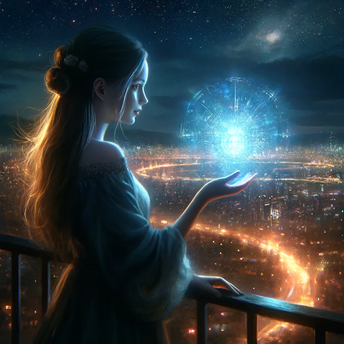 A serene nighttime scene featuring a woman with long, flowing hair standing on a balcony overlooking a glowing cityscape. She is dressed in an elegant, off-the-shoulder gown illuminated by soft moonlight. In her outstretched hand hovers a radiant, spherical hologram emitting intricate blue light patterns resembling futuristic technology. The background showcases a vast city with bright, curving lines of golden lights blending into the starlit sky above. The scene conveys a sense of wonder, mystery, and connection between the natural and technological worlds.
