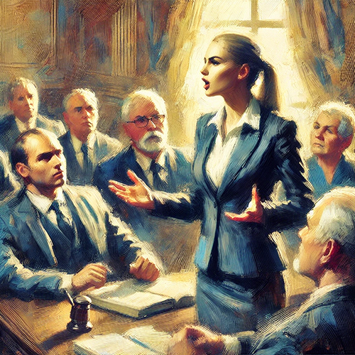 A dynamic, painterly depiction of a formal meeting or courtroom setting featuring a confident woman in a tailored suit standing and gesturing passionately as she addresses a group of seated men. The men, dressed in suits, have varied expressions ranging from attentiveness to skepticism, with some leaning forward or holding documents. A gavel rests on the table, suggesting a legal or deliberative context. Warm light filters through a window in the background, highlighting the woman and adding an atmosphere of intensity and importance to the scene.