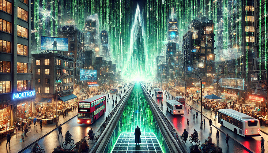 A vibrant, cyberpunk-inspired cityscape blends a bustling urban environment with digital, futuristic elements. The scene features a busy street with tall, neon-lit buildings filled with glowing advertisements and digital billboards. Crowds of people walk, ride bicycles, and gather at street vendors while buses and a red double-decker bus move along the road. In the center, a glowing green pathway extends toward a towering digital structure resembling a pyramid, composed of cascading green matrix-like code. A lone figure in a dark coat stands on a lit platform at the pathway's start, gazing toward the digital tower. The atmosphere combines urban life with a high-tech, sci-fi aesthetic.