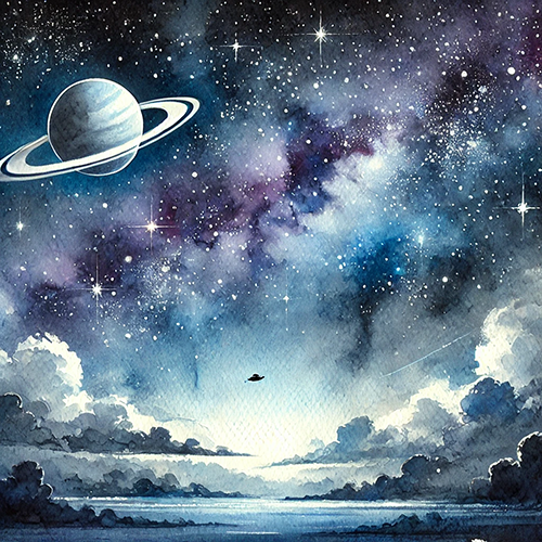 A mesmerizing cosmic landscape painted in a dreamy watercolor style. The scene features a vivid night sky filled with stars, wisps of colorful nebulae, and a prominent planet with rings resembling Saturn in the upper left. Below, fluffy clouds frame a serene horizon where the sky meets a calm body of water. A small, silhouetted object resembling a UFO or aircraft hovers subtly in the distance, adding intrigue. The artwork's ethereal tones blend deep blues, purples, and whites, evoking a sense of wonder and the infinite beauty of the universe.