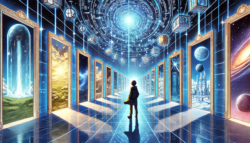 A vibrant, futuristic scene featuring a person standing in a grand, glowing corridor lined with tall, ornate golden doorways on both sides. Each doorway frames a unique, fantastical landscape, including cascading waterfalls, lush green fields, starry skies, distant galaxies, and advanced sci-fi cityscapes. The corridor's reflective floor mirrors the figure and surroundings, amplifying the ethereal atmosphere. Above, a circular, glowing blue portal or vortex dominates the ceiling, emitting radiant light, surrounded by floating, cube-like objects and intricate digital patterns. The figure is silhouetted, gazing upward at the light, evoking a sense of wonder and exploration.