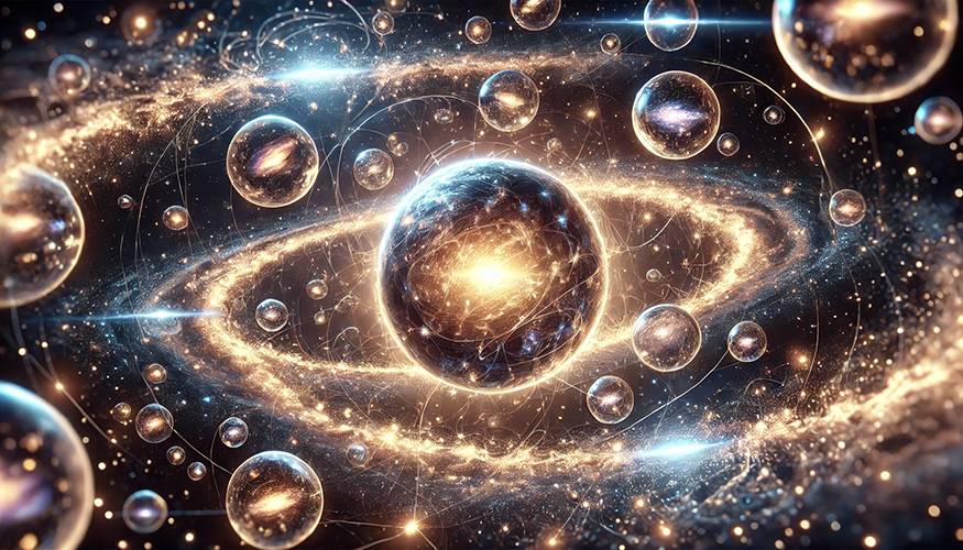 A stunning cosmic visualization featuring a central glowing orb surrounded by swirling golden rings resembling a planetary system or a galaxy. Smaller orbs, appearing as planets or energy spheres, float throughout the scene, interconnected by faint, glowing lines and swirling light trails. The orbs reflect cosmic textures, including superstars, nebulae, and galactic patterns. The background is filled with sparkling stars, glowing dust, and a dynamic interplay of light and shadow, creating a sense of vastness and cosmic harmony. The image evokes themes of the universe's complexity, energy, and interconnectedness.