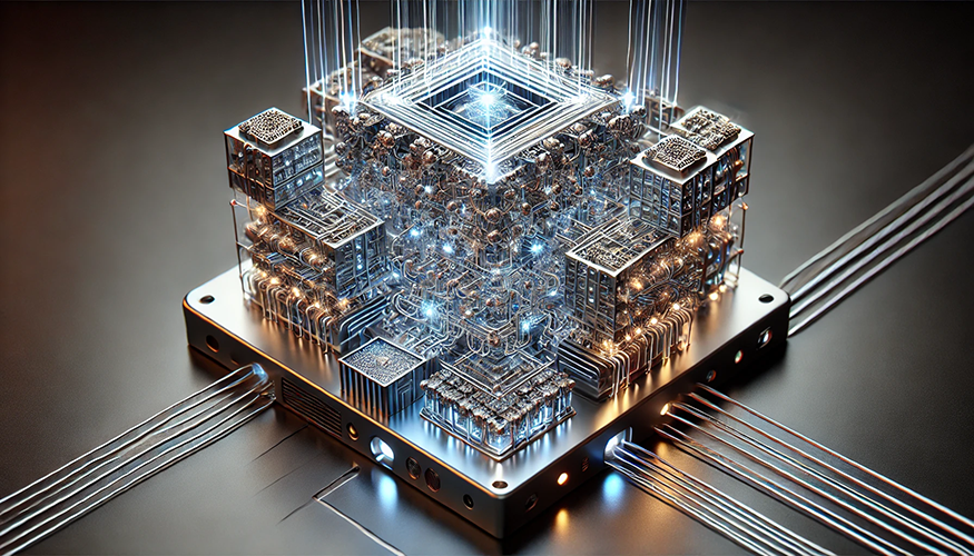 A highly detailed depiction of a futuristic quantum processor or advanced microchip. The device is compact and layered with intricate metallic components and glowing circuits. Thin light streams flow vertically and horizontally, symbolizing data transfer and connectivity. The processor features illuminated cores and detailed grids, with individual components resembling miniature buildings. Surrounding the base are multiple cables extending outward, connecting the device to unseen systems. The overall design emphasizes precision, complexity, and cutting-edge technology, set against a sleek, dark background for a dramatic contrast.