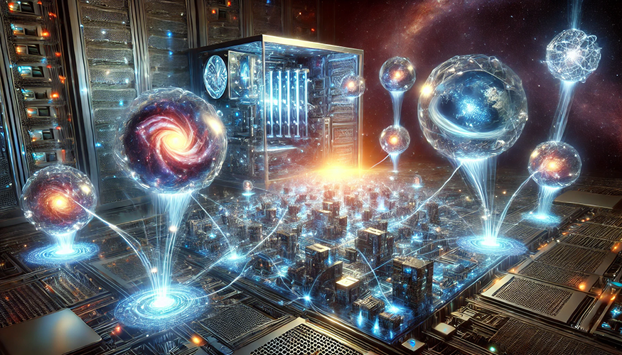 A futuristic depiction of a high-tech server room merged with cosmic elements. Central to the scene is an advanced server glowing with bright blue and white light, surrounded by circuitry and microchip-like panels. Suspended above the server and connected by glowing, energy-like streams are large, transparent spheres containing cosmic phenomena—spiral galaxies, planets, and star clusters. The spheres appear to represent data or universes being processed or linked. The background features a starry space vista, blending technology with the cosmos. The scene conveys a sense of advanced artificial intelligence, quantum computing, or simulation theory.