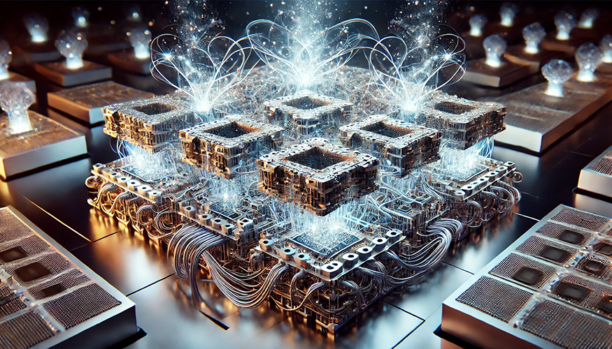 A futuristic, highly detailed depiction of advanced microprocessors interconnected in a complex grid. The central focus is on several glowing processor units, each emitting vibrant, white-blue energy streams and intricate particle effects that appear to symbolize data flow or computational power. The processors are surrounded by a dense network of wires and circuits, with additional hardware components arranged in neat rows. The dynamic lighting highlights the reflective metallic surfaces and the glowing cores, creating a high-tech, cutting-edge atmosphere. The scene conveys themes of quantum computing, advanced AI, or futuristic technology.