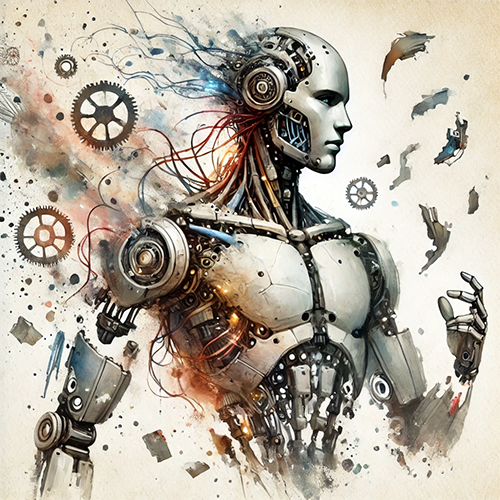 An artistic representation of a humanoid robot in a state of deconstruction or transformation. The robot features a sleek metallic body with exposed inner mechanisms, gears, and wires, particularly around its head, chest, and shoulders. Red and blue wires trail from its head, blending with splashes of abstract watercolor effects. Loose gears and metal fragments hover around the figure, adding a sense of motion and disassembly. The robot's pose is contemplative, with one hand slightly raised, and the background is a textured beige, emphasizing the fusion of mechanical and artistic elements.