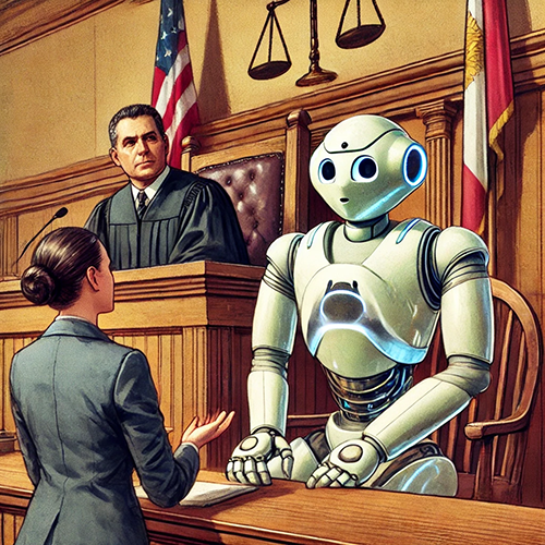 An illustration of a courtroom scene featuring a humanoid robot as a witness seated on the witness stand. The robot has a sleek, futuristic design with glowing accents and a neutral expression. A lawyer stands in the foreground, addressing the robot with an engaged demeanor. Behind them, a judge sits at the bench, observing the proceedings, with flags and scales of justice displayed prominently in the background. The setting is detailed, with wood-paneled walls and traditional courtroom furnishings, blending a sense of formality with futuristic elements.