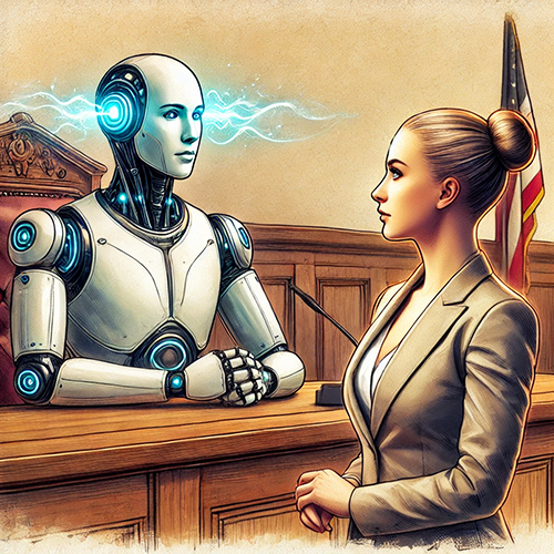 An artistic depiction of a courtroom interaction between a humanoid robot and a lawyer. With a sleek white and metallic body featuring glowing blue accents, the robot sits at the witness stand, emitting faint arcs of blue energy from its head, symbolizing advanced technology. The lawyer, dressed in a beige suit and professional demeanor, stands in the foreground, attentively engaging with the robot. The courtroom setting includes a wooden bench and an American flag in the background, blending traditional legal elements with futuristic themes.