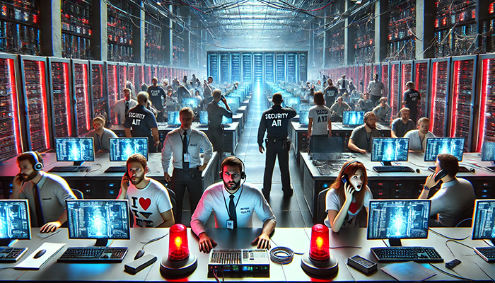 A detailed depiction of a bustling high-tech control center or data operations hub. Rows of computer desks fill the foreground, each manned by individuals monitoring screens displaying complex digital information and system diagnostics. Red warning lights are prominently placed on the desks, some flashing, indicating a possible critical situation. The operators are dressed in casual attire, with some displaying stress or urgency. Security personnel, labeled "SECURITY AI" on their uniforms, patrol the area, ensuring oversight. The background reveals towering server racks with glowing red and blue lights extending deep into the room. The atmosphere is tense and futuristic, emphasizing cybersecurity or AI system management.