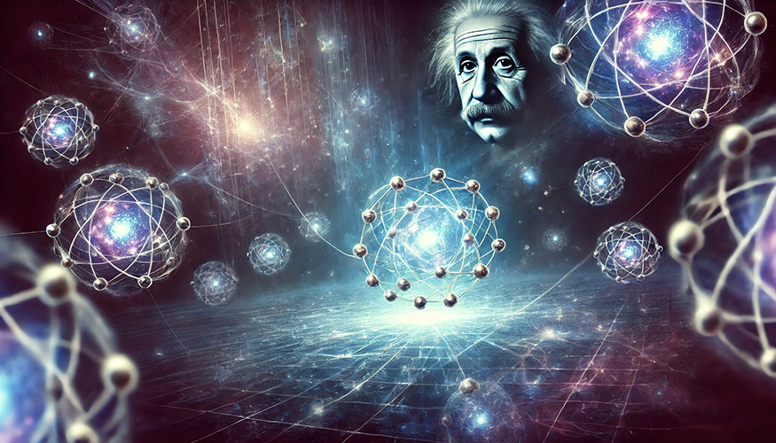 A surreal, science-inspired image featuring a cosmic backdrop with glowing particles, galaxies, and atomic structures. Large, stylized atomic models with orbiting electrons float in the foreground, each nucleus glowing with a vibrant, galaxy-like center. In the upper-right corner, the face of Albert Einstein appears ethereal, seemingly emerging from the cosmos, gazing contemplatively toward the scene. The ground beneath is a grid-like surface, fading into the vast, luminous expanse. The composition conveys a sense of wonder, blending science, the universe, and Einstein's legacy.