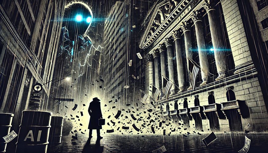 A dystopian, noir-style digital artwork depicting a dark city street in front of a grand financial building with towering columns resembling Wall Street. A mysterious figure in a trench coat and fedora stands in the foreground, holding a briefcase, silhouetted against a glowing light. Money and financial documents are disintegrating into the air. Above the scene, an ominous AI-powered entity with glowing blue eyes looms, surrounded by lightning and digital energy. Rain pours down, enhancing the eerie, cyberpunk atmosphere. Barrels labeled "AI" sit on the street, symbolizing artificial intelligence's impact on the financial system.