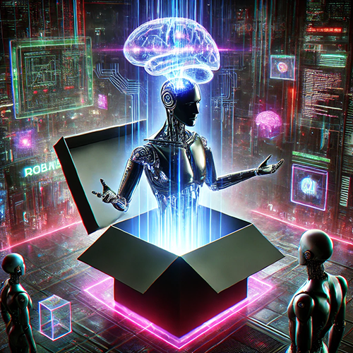 A futuristic digital artwork depicting a humanoid robot emerging from an open black box, surrounded by glowing light and holographic projections. Above the robot’s head, a transparent, illuminated brain floats, symbolizing artificial intelligence and reasoning. The background features a high-tech, cybernetic environment with digital screens displaying data, circuitry, and robotic elements. Two other humanoid robots stand nearby, observing the scene. The image conveys themes of AI transparency, disclosure, and the unveiling of machine intelligence.