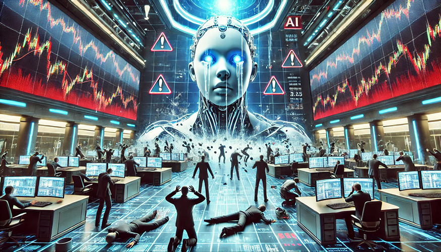 A futuristic, cyberpunk-style stock market trading floor is in chaos as a giant AI-powered humanoid figure with glowing blue eyes emerges from a digital explosion. Traders are seen panicking, collapsing, or raising their hands in distress as financial data crashes on large digital screens displaying red, downward-trending stock charts. Warning signs with exclamation marks and "AI" text appear above the AI figure, emphasizing an artificial intelligence takeover or financial system failure. The scene is illuminated by blue and red neon lighting, creating a dramatic and dystopian atmosphere.