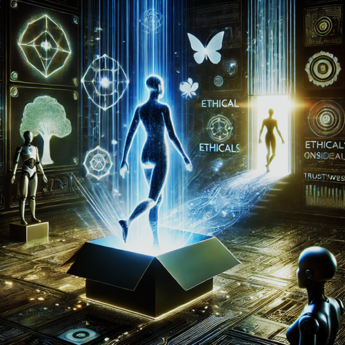 A futuristic digital artwork depicting a glowing, holographic human figure emerging from an open black box, surrounded by streams of light. The scene is set in a high-tech environment with metallic walls featuring intricate symbols, trees, butterflies, and the words "ETHICAL" and "TRUSTWORTHY." In the background, another silhouette walks through a bright, open doorway, symbolizing progress and transparency. Several humanoid robots stand nearby, observing the event. The image conveys themes of artificial intelligence, ethics, and the transition from secrecy to openness.