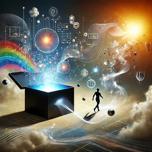 A surreal digital artwork depicting a black, open box emitting a bright, glowing light. A silhouette of a person steps away from the box, surrounded by swirling streams of light, abstract technological elements, and floating spheres. A rainbow emerges from the box, and the background features a cosmic-like sky with stars, clouds, and hot air balloons. The scene conveys themes of discovery, artificial intelligence, and the expansion of knowledge.