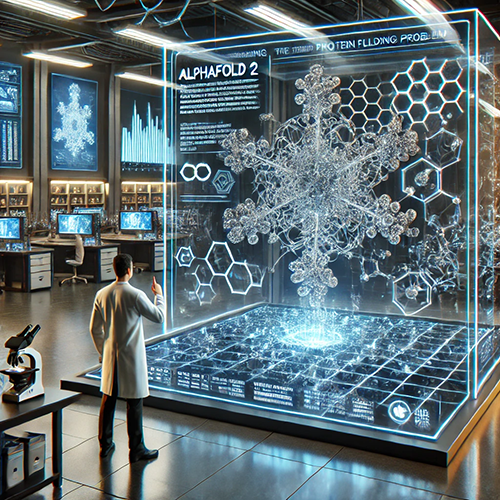 A futuristic digital artwork showcasing a high-tech laboratory with a prominent glowing holographic display at its center. The hologram features a detailed, crystalline protein structure labeled "AlphaFold 2," surrounded by hexagonal patterns, molecular diagrams, and scientific annotations. A scientist in a white lab coat stands in front of the display, gesturing as if analyzing or interacting with the visualization. The room is filled with advanced equipment, including microscopes, computer monitors displaying data, and illuminated charts on the walls. The scene represents cutting-edge advancements in protein folding research and AI-driven scientific discovery.