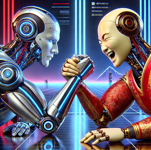 A futuristic digital artwork depicting two humanoid robots engaged in an intense arm-wrestling match. One robot has a sleek, metallic blue and silver design, resembling a high-tech AI, while the other has a more traditional, human-like appearance with a bald head, expressive face, and red patterned clothing. Their mechanical hands are locked in a struggle, with sparks of energy radiating from their grip. The background features a neon-lit cybernetic landscape, with glowing red and blue lines symbolizing competition and contrast. A digital interface hovers in the air, displaying data and analytics. The image symbolizes the struggle between AI transparency and control, with a hard-fought victory for openness.