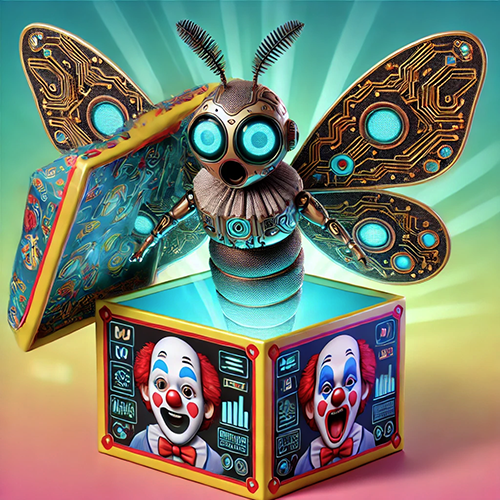 A surreal and whimsical digital artwork featuring a futuristic, robotic insect emerging from a jack-in-the-box. The insect has large, glowing blue eyes, metallic antennae, and intricately designed circuit-patterned wings, blending organic and mechanical elements. The jack-in-the-box is decorated with images of a laughing clown, digital charts, and interface-like symbols, suggesting AI and data-driven themes. The background radiates bright, colorful light, enhancing the sense of surprise and excitement. The image symbolizes AI breaking free from its constraints, unexpected revelations, and the playful unpredictability of artificial intelligence.