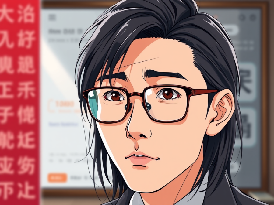 An anime-style illustration of a young man with long black hair, wearing rectangular glasses with a brown frame. He has a thoughtful or slightly concerned expression, with warm brown eyes and neatly shaped eyebrows. He is dressed in a dark suit with a white shirt. The background is slightly blurred, showing a digital screen with indistinct text and a red banner with Chinese characters on the left side, suggesting an East Asian setting. The lighting is soft and natural, casting subtle highlights on his face and hair.