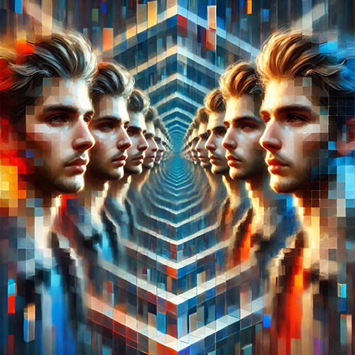 A surreal and futuristic digital artwork featuring a young man's face repeatedly mirrored into an infinite tunnel of reflections. The image is composed of geometric, pixel-like patterns in vibrant blue and orange hues, creating a sense of depth and alternate realities. The symmetrical arrangement suggests the concept of parallel universes or diverging paths shaped by choices. The blending of realism with abstract digital elements gives the scene a dreamlike, thought-provoking quality, symbolizing the infinite possibilities of existence and decision-making.